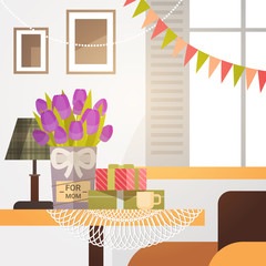 Decorated Living Room Interior, Flowers For Mom, Happy Mother Day Spring Holiday Flat Vector Illustration