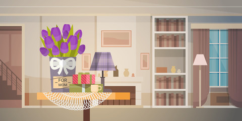 Decorated Living Room Interior, Flowers For Mom, Happy Mother Day Spring Holiday Flat Vector Illustration