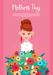 Happy Mother Day, Woman Hold Present Flowers Bouquet Spring Holiday Greeting Card Banner Flat Vector Illustration