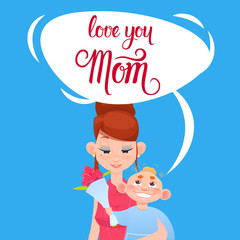 Happy Mother Day, Son Giving Mom Flowers, Spring Holiday Greeting Card Banner Flat Vector Illustration