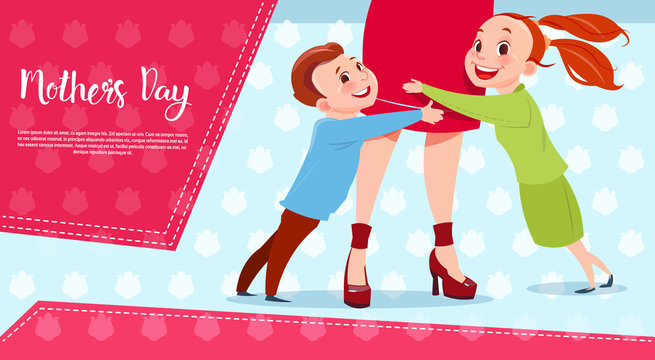 Happy Mother Day, Son And Daughter Embracing Mom, Spring Holiday Greeting Card Banner Flat Vector Illustration