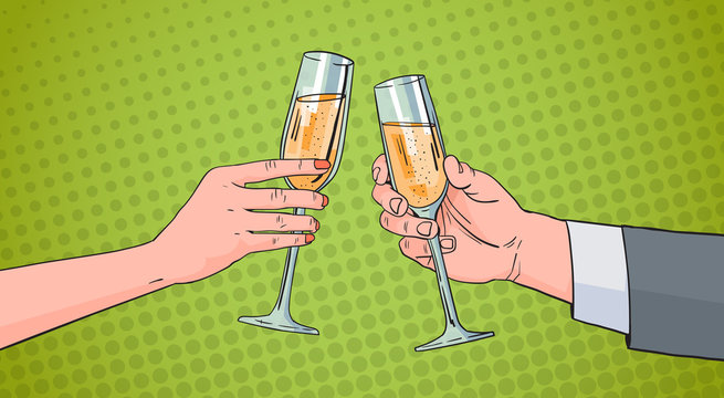 Couple Hands Clinking Glass Of Champagne Wine Toasting Pop Art Retro Pin Up Background Vector Illustration