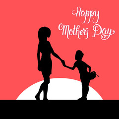 Happy Mother Day, Silhouette Woman With Child, Spring Holiday Greeting Card Banner Flat Vector Illustration