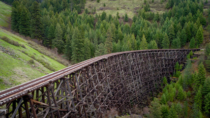 Unique view of a historic train trestle and forest