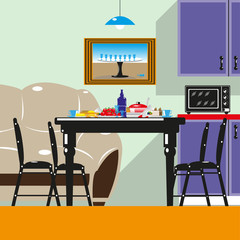Dining table with appliances and food in the kitchen. Colored Vector illustration.