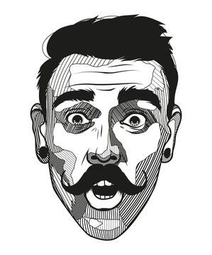 Hipster a man with a mustache looks surprised. Portrait of young