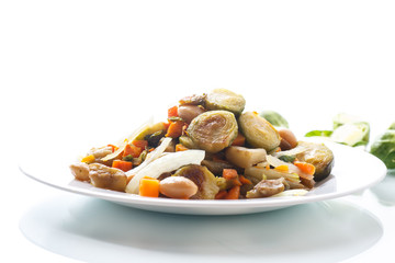 Brussels sprouts roasted with vegetables and beans