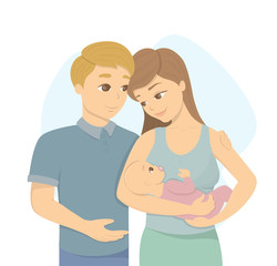 Young family with newborn baby on white background.