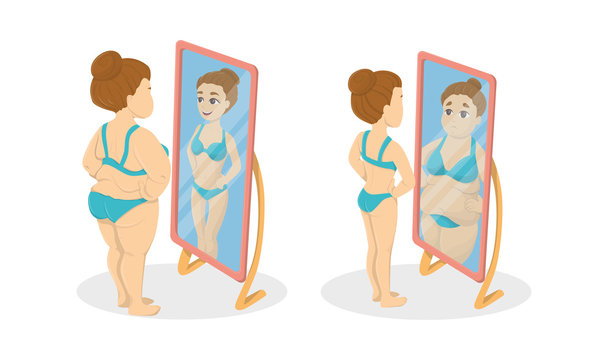 Fat and skinny women in the mirrors. Concept of anorexia and bulimia.