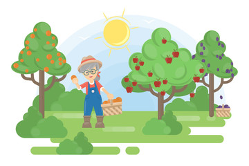 Woman in garden. Senior farmer grow the trees with fruits.