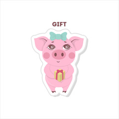 Obraz na płótnie Canvas Pig gets a gift sticker on white backround.