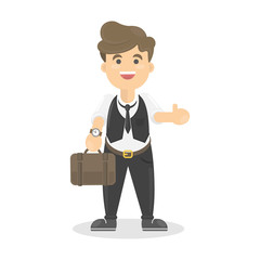 Isolated happy businessman on white background with briefcase and thumbs up.