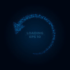 A wheel of loading from very small and transparent particles on a dark background. Shining fireflies. Update on the black plane. Modern vector illustration. Web