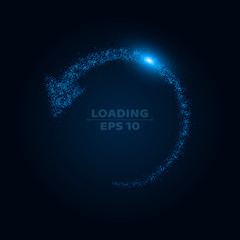 A wheel of loading from very small and transparent particles on a dark background. Shining fireflies. Update on the black plane. Modern vector illustration. Flash Light. Web