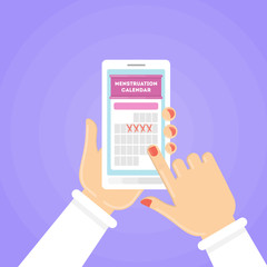 Menstruation calendar illustration. Red signs of menstrual cycle on the smartphone.
