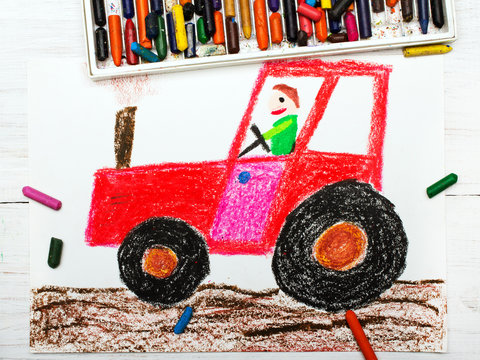 Colorful drawing: man in a red tractor