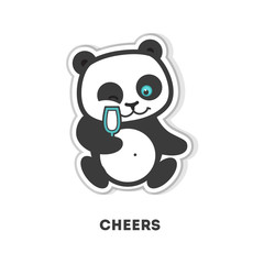 Cheers panda sticker. Isolated cute sticker on white background.