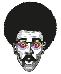 Hipster a man with a mustache looks surprised. Portrait of young