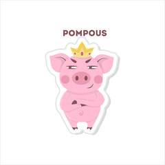 Cute pompous pig. Isolated sticker on white background.