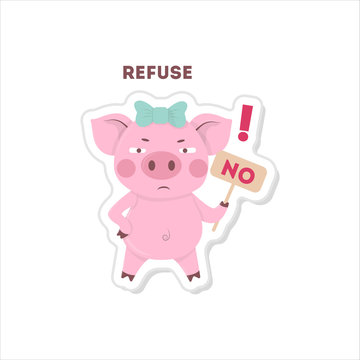 Pig says no. Isolated cute sticker on white background.