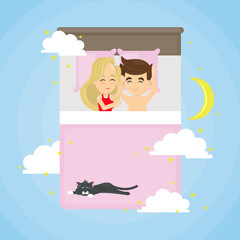Sleeping couple with cat on the bed in clouds with moon.