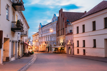 Vilnius Lithuania. Illuminated Ausros Vartu Street Of Old Town, 