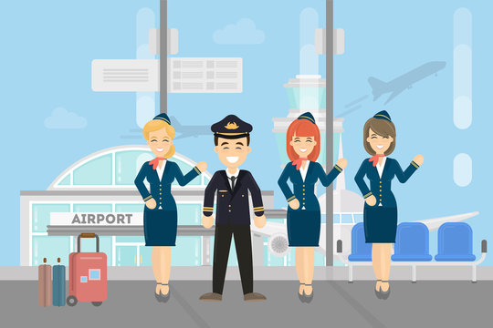 Pilots crew on white background. Pilots wih stewardesses at the airport.