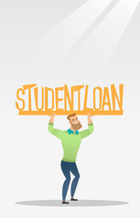 Young man holding sign of student loan.