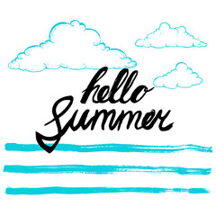 Hello summer black hand written phrase on stylized background. Calligraphy. Inscription ink hello summer. Hand drawn sketch clouds. Blue vector design template.