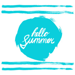 Hello summer phrase. Hand written text on stylized blue rough edged round. Calligraphy. Inscription ink hello summer. Blue strips design.