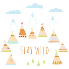 Summer Camp in the style of American Indians. Wigwams, trees, mountains and clouds Stay wild. Perfect for children's design © Svyatoslava_M