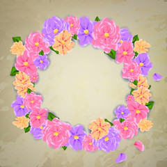 Card, banner with floral wreath and place for text. Vector illustration