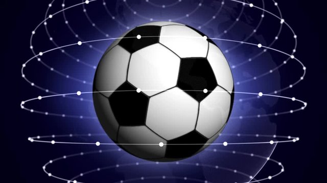 Soccer Ball in Blue Abstract Particles Rings, Animation, Rendering, Background, Loop, 4k
