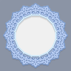 3D round frame for a photo or picture, vignette with ornaments, lace border,  bas-relief ornament,  openwork  pattern, template greetings, vector