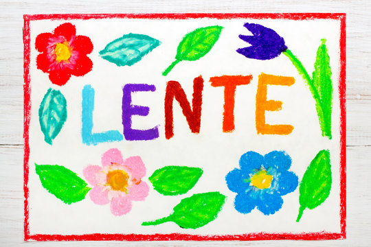 Colorful drawing: Nederlands words LENTE (Spring) and beautiful flowers