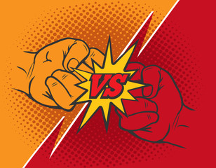 Versus rivalry fist vector background. Boxer punching or clashing fists for disagreement battle
