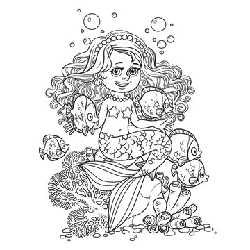 Cute little mermaid girl sits on a stone playing with fish outlined isolated on a white background