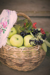 Vintage basket full of fresh organic green apples and berries. Fruit harvest in the garden.