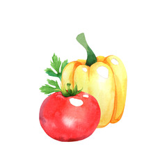 Isolated watercolor tomato and pepper on white background