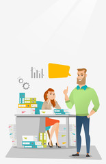 Stressed female office worker and her employer.