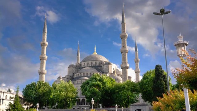 Blue Mosque in Istanbul, Turkey. Timelapse, Spring Clouds. Sultanahmet Camii, most famous as Blue Mosque. 