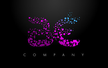BE B E Letter Logo with Purple Particles and Bubble Dots