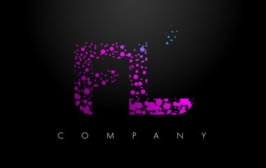 FL F L Letter Logo with Purple Particles and Bubble Dots
