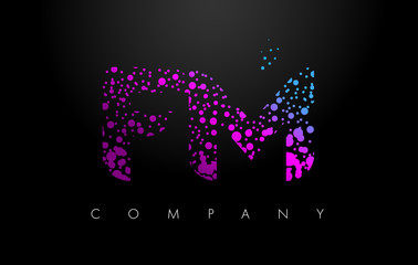 FM F M Letter Logo with Purple Particles and Bubble Dots