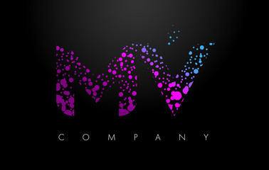 MV M V Letter Logo with Purple Particles and Bubble Dots
