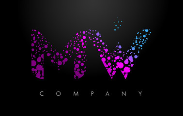 MW M W Letter Logo with Purple Particles and Bubble Dots