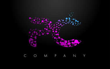 PC P C Letter Logo with Purple Particles and Bubble Dots