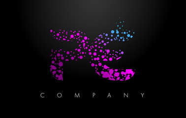 PE P E Letter Logo with Purple Particles and Bubble Dots