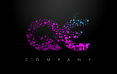 QE Q E Letter Logo with Purple Particles and Bubble Dots