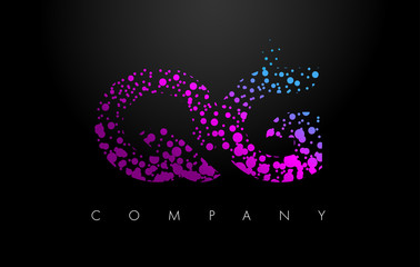 Fototapeta na wymiar QG Q G Letter Logo with Purple Particles and Bubble Dots
